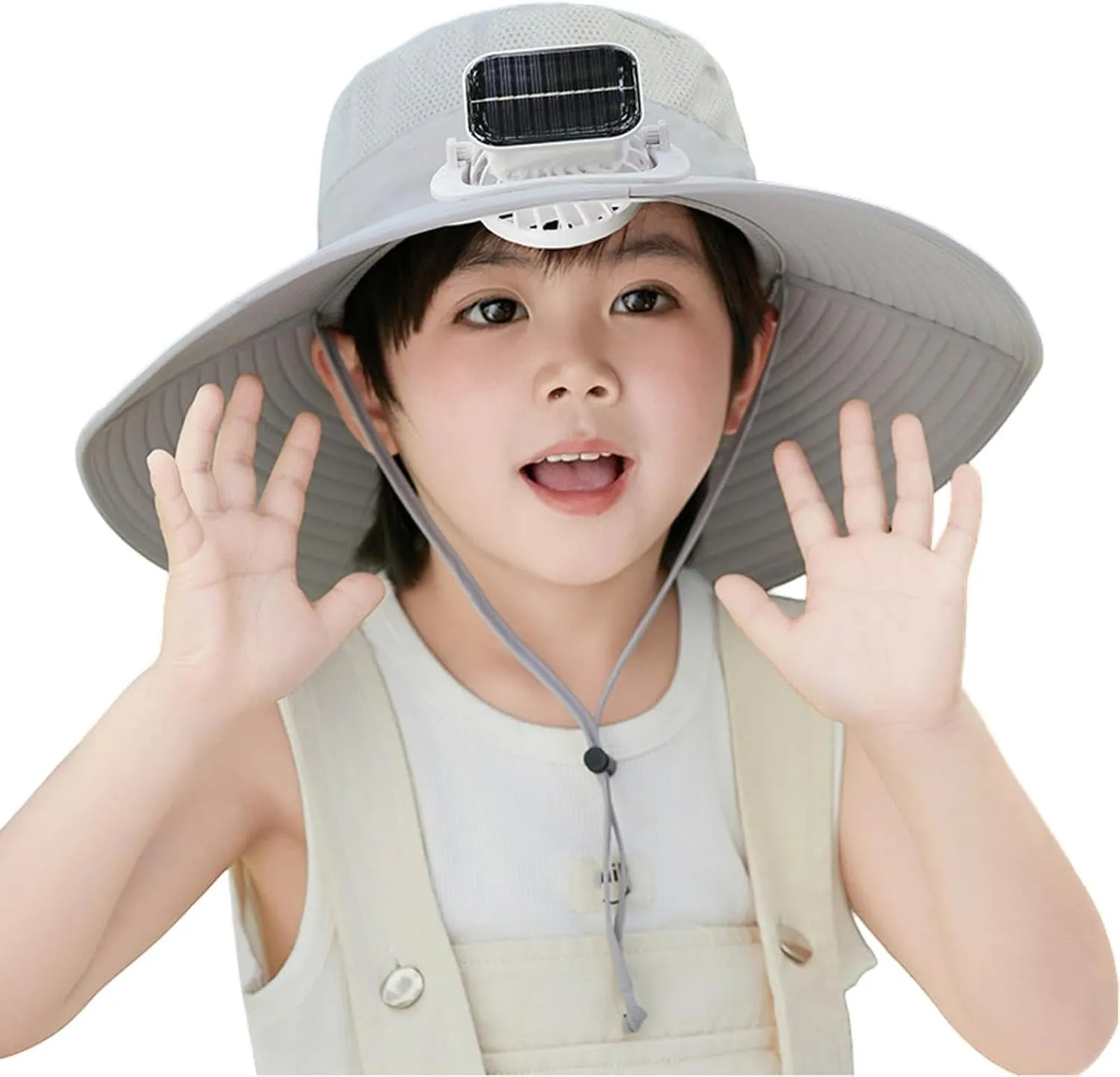 Solar Fan Hat for Children Outdoor, Wide Brims Bucket Hat, Sun Protection Fishing Beach Hat with Fan for Boy Girl