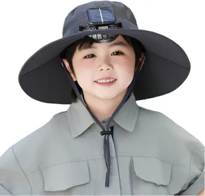 Solar Fan Hat for Children Outdoor, Wide Brims Bucket Hat, Sun Protection Fishing Beach Hat with Fan for Boy Girl