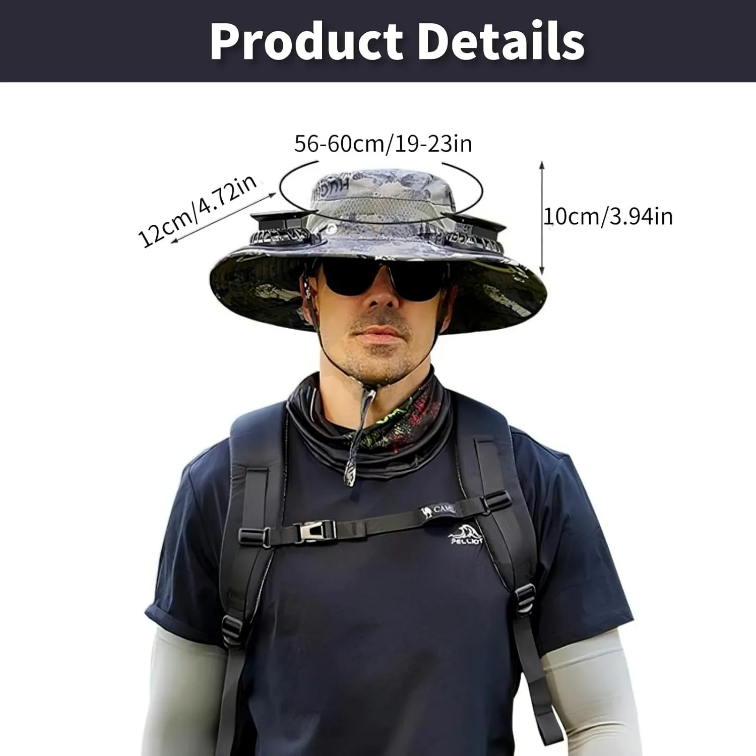 Solar Fan Hat for Men,Wide Brim Outdoor Fishing Hat 2 Solar Fan 3-Speed Adjustable Beach Cap for Camping, Hiking