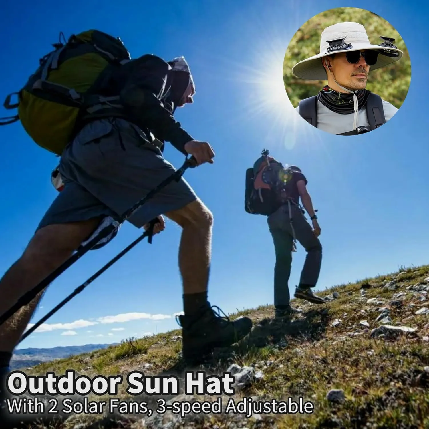 Solar Fan Hat for Men,Wide Brim Outdoor Fishing Hat 2 Solar Fan 3-Speed Adjustable Beach Cap for Camping, Hiking