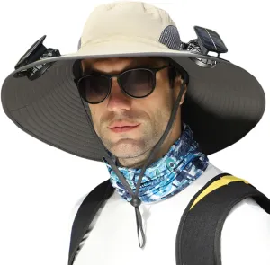 Solar Fan Hat, Men Sun Hat with 2 Solar Fan, Wide Brim Solar Fan Outdoor Fishing Hat-Solar & USB Charging