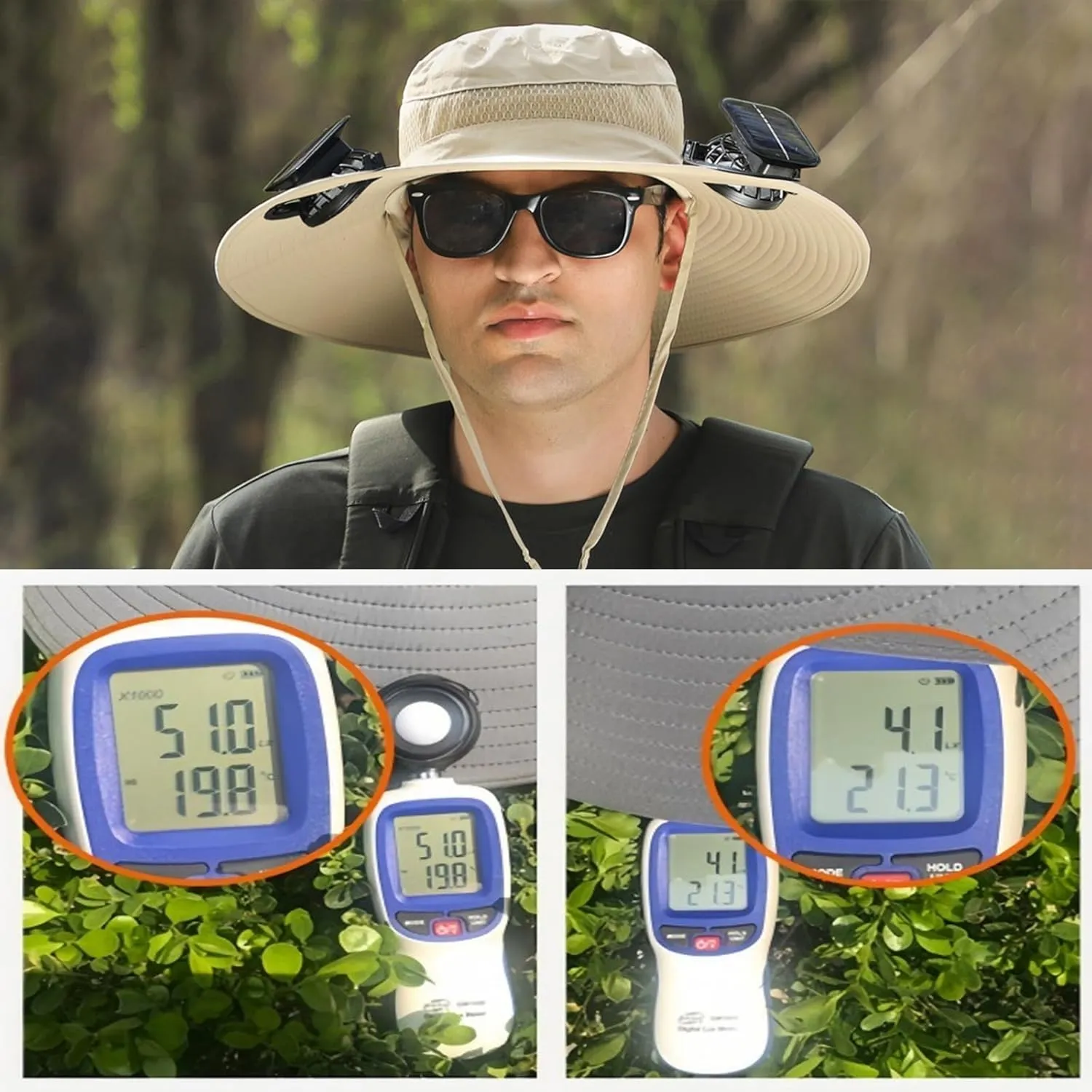 Solar Fan Hat Men Women Mens Outdoor Wide Brim Sun Hat with 2 Solar Fan Fishing hat-Removable&USB Charging Fans