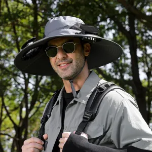Solar Fan Hat, Outdoor Wide Brim Solar Fan Hat with 2 Solar Fans Fishing Hat, Removable & USB Charging for Fishing