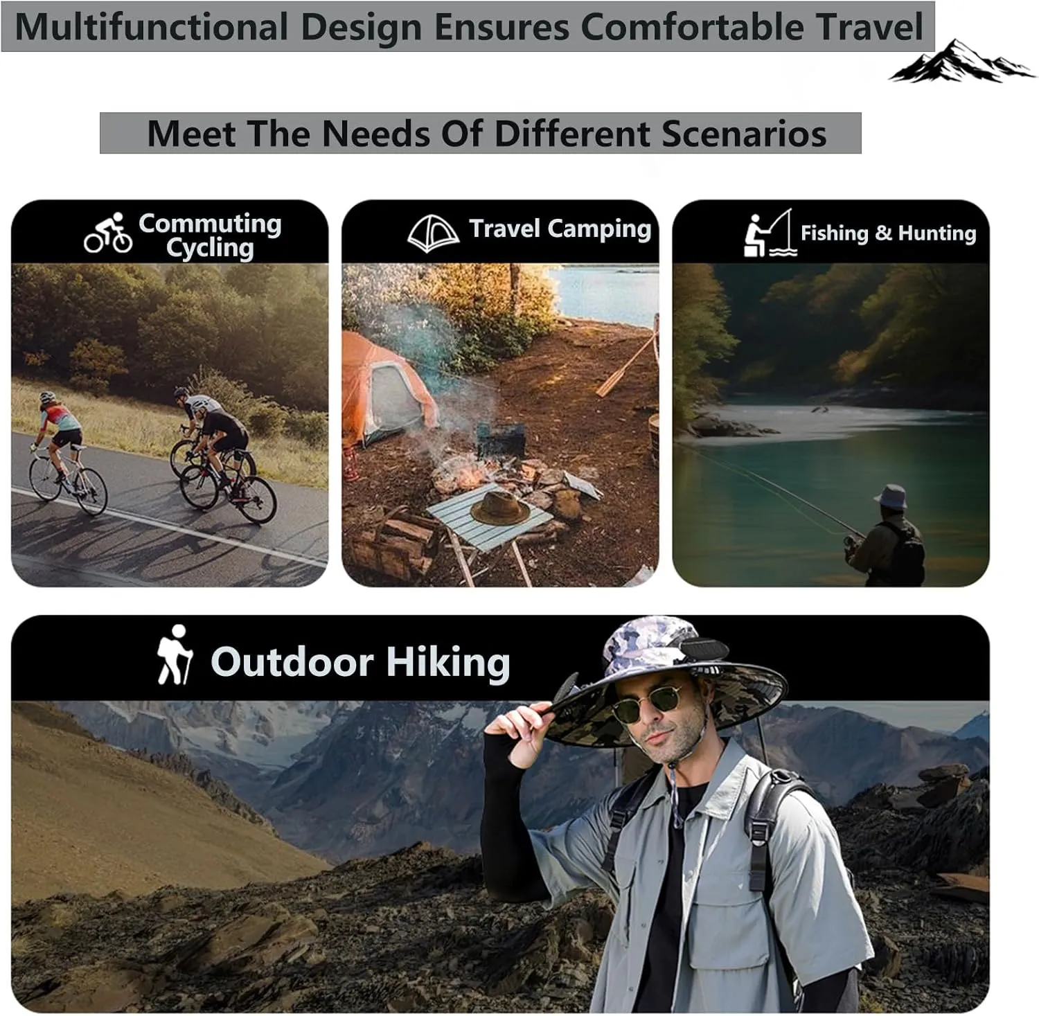 Solar Fan Hat - UPF 50  Wide Brim Solar Fan Fishing Hat, USB Charging Sun Bucket Hats for Men Womens, Solar Cooling Fan Hat