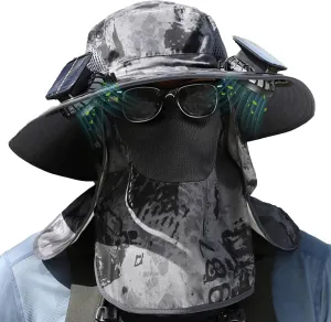 Solar Fan Hat, Wide Brim Solar Fan Outdoor Fishing Hat with 2 Fans Solar Power, Waterproof Outdoor Hiking Camping Fishing Hat with Removable Neck Flap and Face Cover for Fishing Black