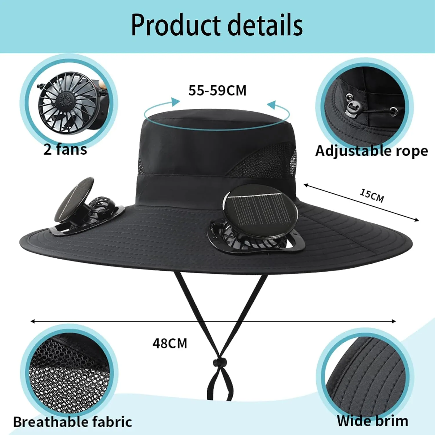Solar Fan Hat, Wide Brim Solar Powered Fan Hat Outdoor Fishing, Hat with Fans Solar Power with Removable&USB Charging for Men