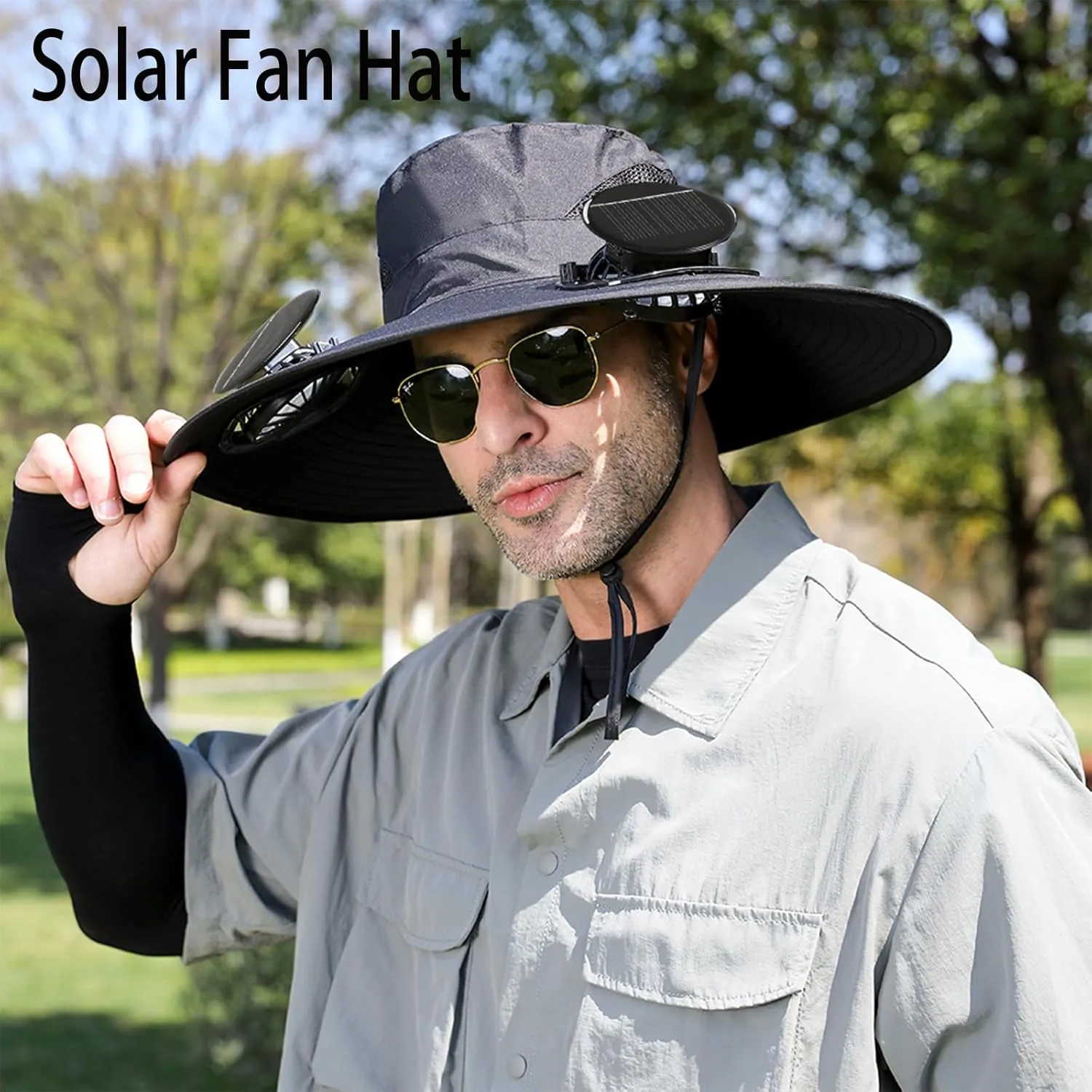Solar Fan Hat, Wide Brim Solar Powered Fan Hat Outdoor Fishing, Hat with Fans Solar Power with Removable&USB Charging for Men