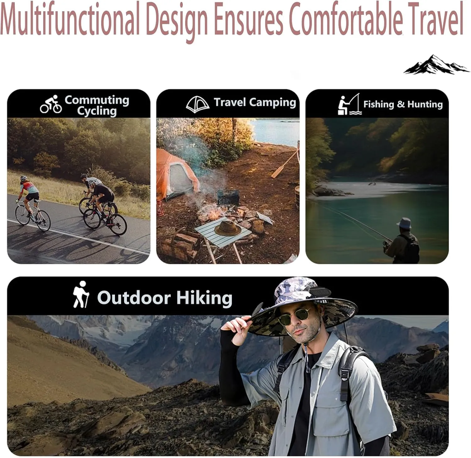 Solar Fan Hat, Wide Brim Solar Powered Fan Hat Outdoor Fishing, Hat with Fans Solar Power with Removable&USB Charging for Men