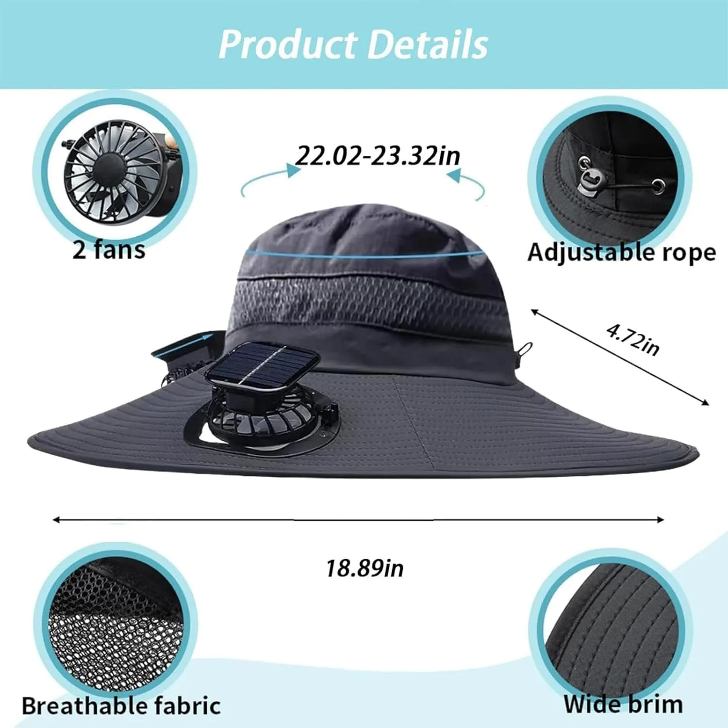 Solar Fan Hat,New Solar Powered Fan Hat,with 2 Solar Fan Fishing Hat,Removable & USBCharging Fan