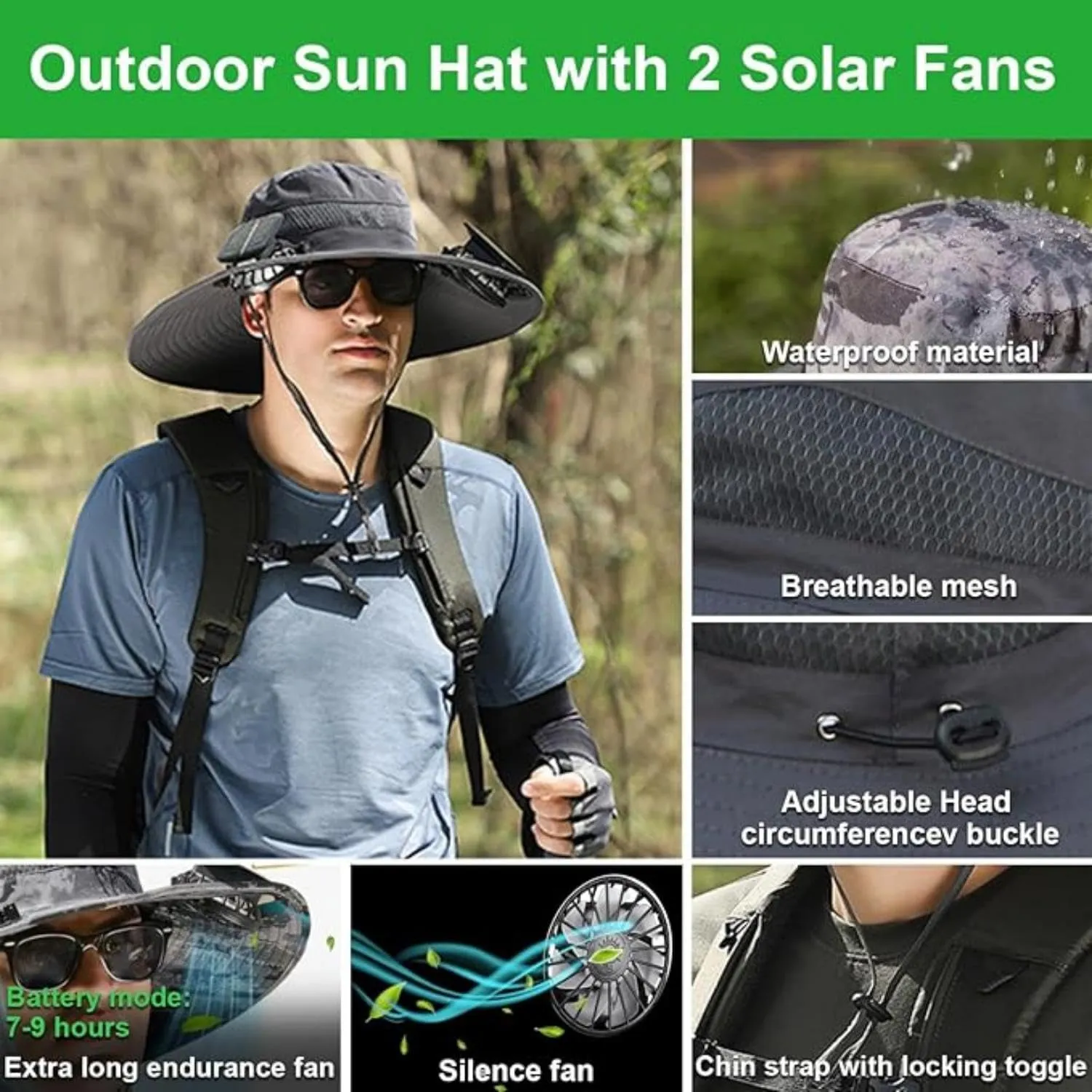 Solar Fan Hat,New Solar Powered Fan Hat,with 2 Solar Fan Fishing Hat,Removable & USBCharging Fan