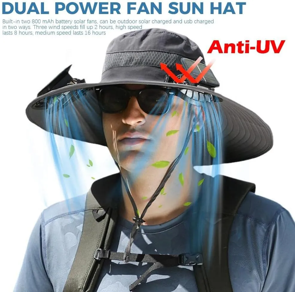 Solar Fan Hat,Outdoor Wide Brim Sun Hat with 2 Solar Fan,UV Protection Hiking Camping Fishing Hat for Men and Women