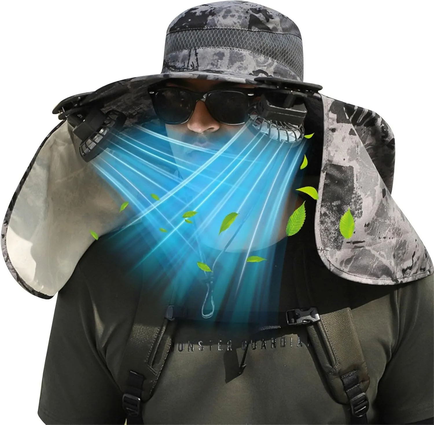 Solar Fan Hats for Men Women, UPF 50  Wide Brim Sun Hats with 2 Solar Fan, Breathable Bucket Hat Outdoor Fishing Hats