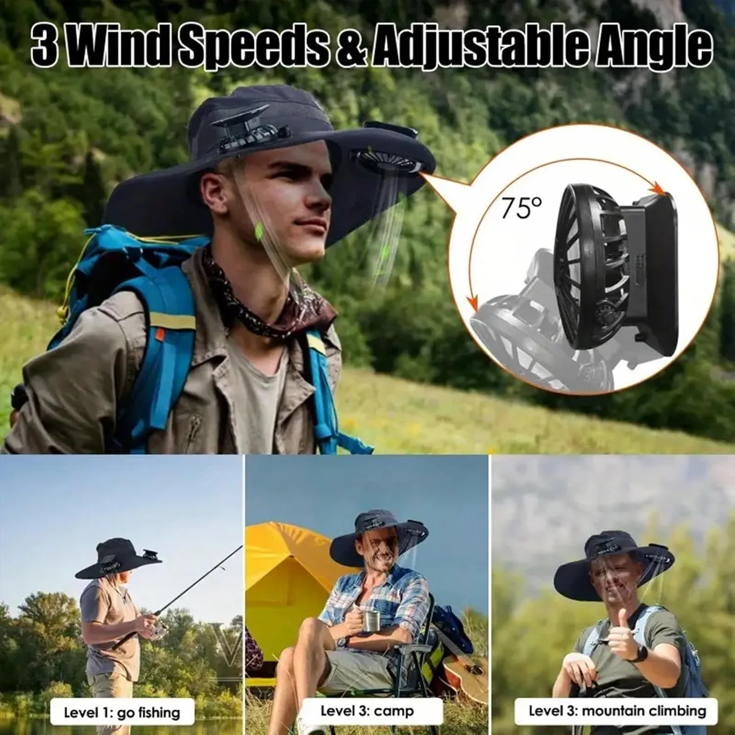 Solar Fan Hat,Sombrero con ventilador Solar,Solar Powered Outdoor Fishing hat,2 Solar Fan