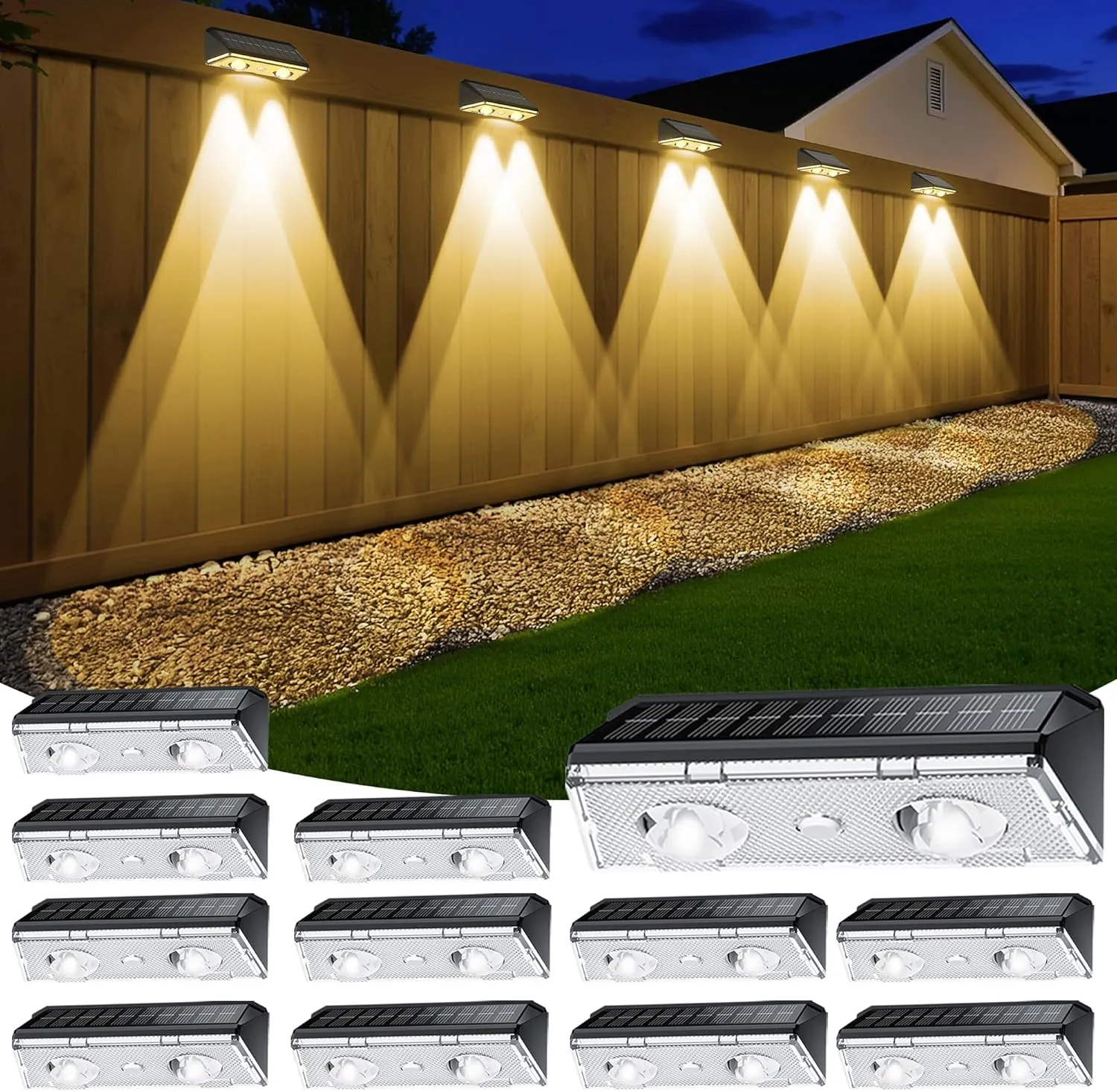 Solar Fence Lights Outdoor, 12 Pack IP65 Waterproof Fence Lights Solar Powered with Ultra-Bright LED Lens, 9 Color Modes, 12  Hours Steady Glow for Deck/Backyard/Patio/Pool/Wall - Black