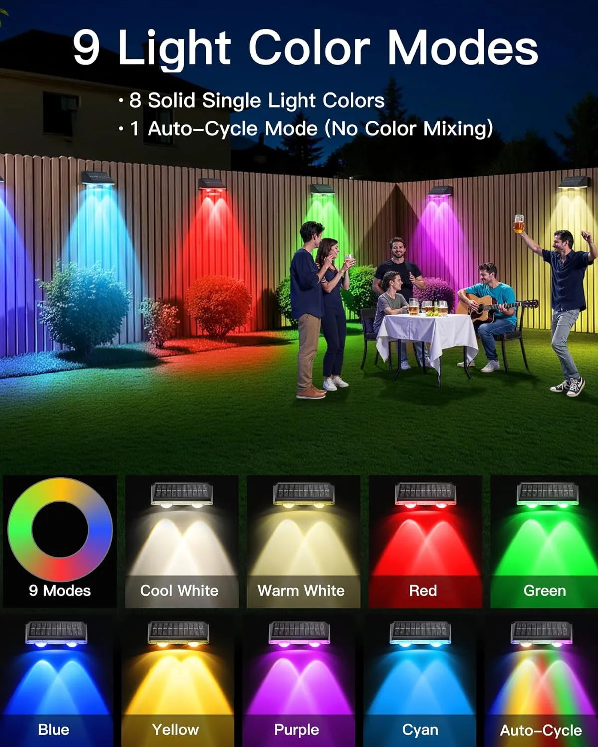 Solar Fence Lights Outdoor, 6 Pack IP65 Waterproof Fence Lights Solar Powered with Ultra-Bright LED Lens, 9 Color Modes, 12  Hours Steady Glow for Deck/Backyard/Patio/Pool/Wall - Black