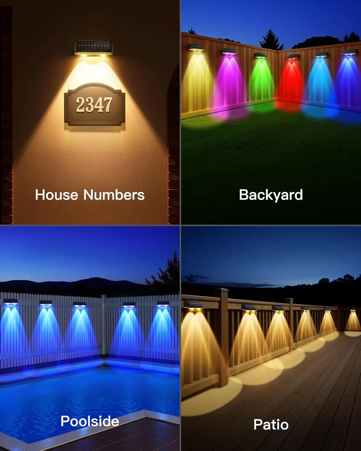 Solar Fence Lights Outdoor, 6 Pack IP65 Waterproof Fence Lights Solar Powered with Ultra-Bright LED Lens, 9 Color Modes, 12  Hours Steady Glow for Deck/Backyard/Patio/Pool/Wall - Black