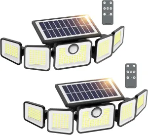 Solar Lights Outdoor, 3000LM Solar Flood Lights Outdoor, 230 LED 5 Heads Motion Sensor Lights Waterproof with Remote Control for Outside Yard House Patio 2 Pack