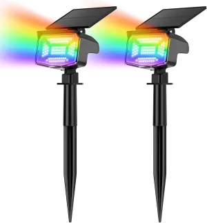 Solar Lights Outdoor Color Changing, 85 LEDs 9 Lighting Modes RGB Solar Outdoor Lights, IP67 Waterproof Multicolor Landscape Spotlights for Halloween Holiday Decorations (2 Pack)