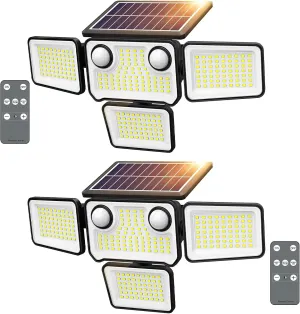 Solar Lights Outdoor Waterproof, 254 LED 3000LM Solar Flood Lights Outdoor with 2 Motion Sensor, 4 Heads Security Light with Remote Control for Yard Outside House Garage 2 Pack