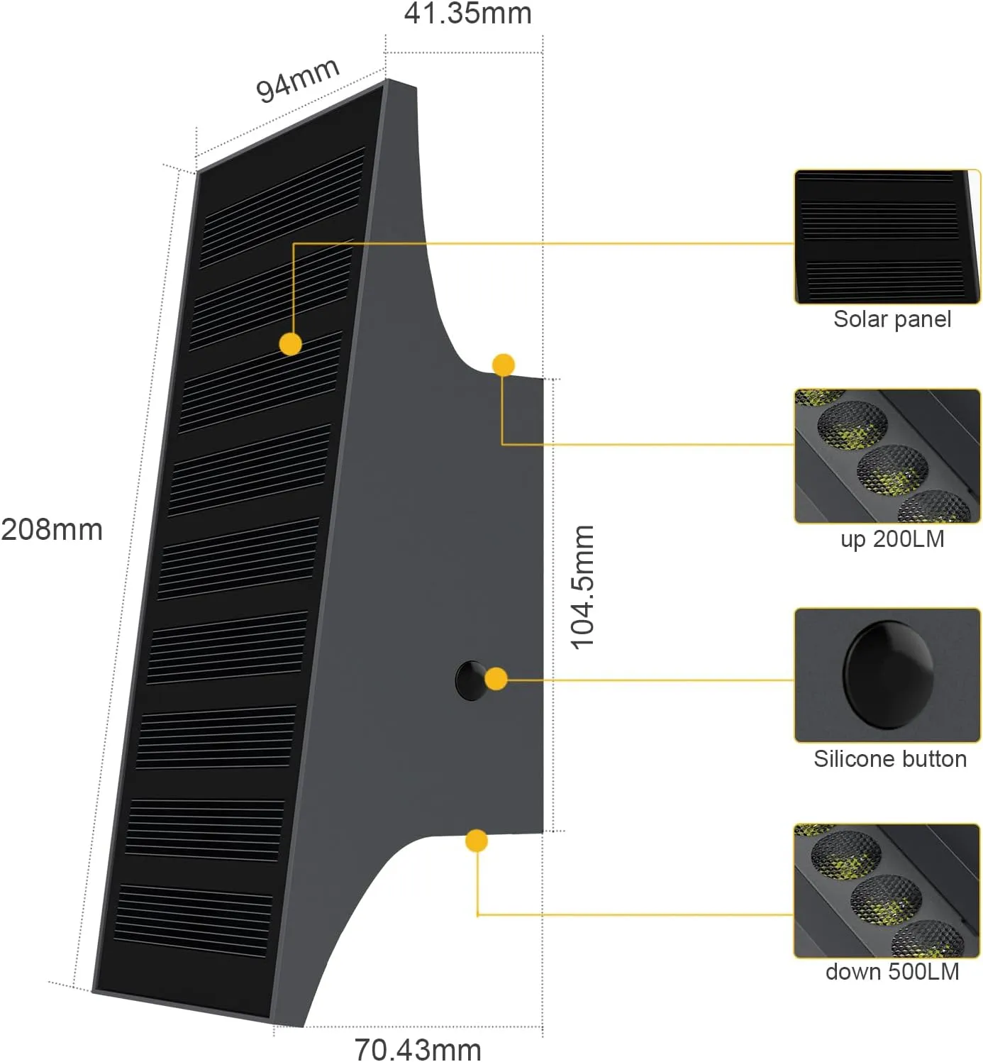 Solar Outdoor Lights, 3000K 700LM Solar Wall Lights Outdoor Up and Down, Dimmable Solar Sconce Lights, IP65 Waterproof Outdoor Solar Lights for Yard Patio Garage Porch, 1pcs