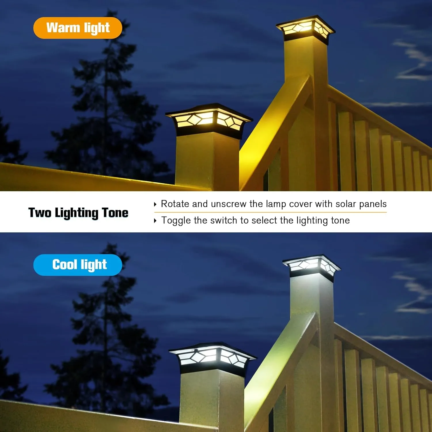 Solar Post Cap Lights Outdoor 4pack, Waterproof Solar Powered Deck Fence Post Lights for 4x4 Wood/Vinyl Posts, Solar Outdoor LED Light with Cool/Warm Lighting Decorate Garden Patio Porch…