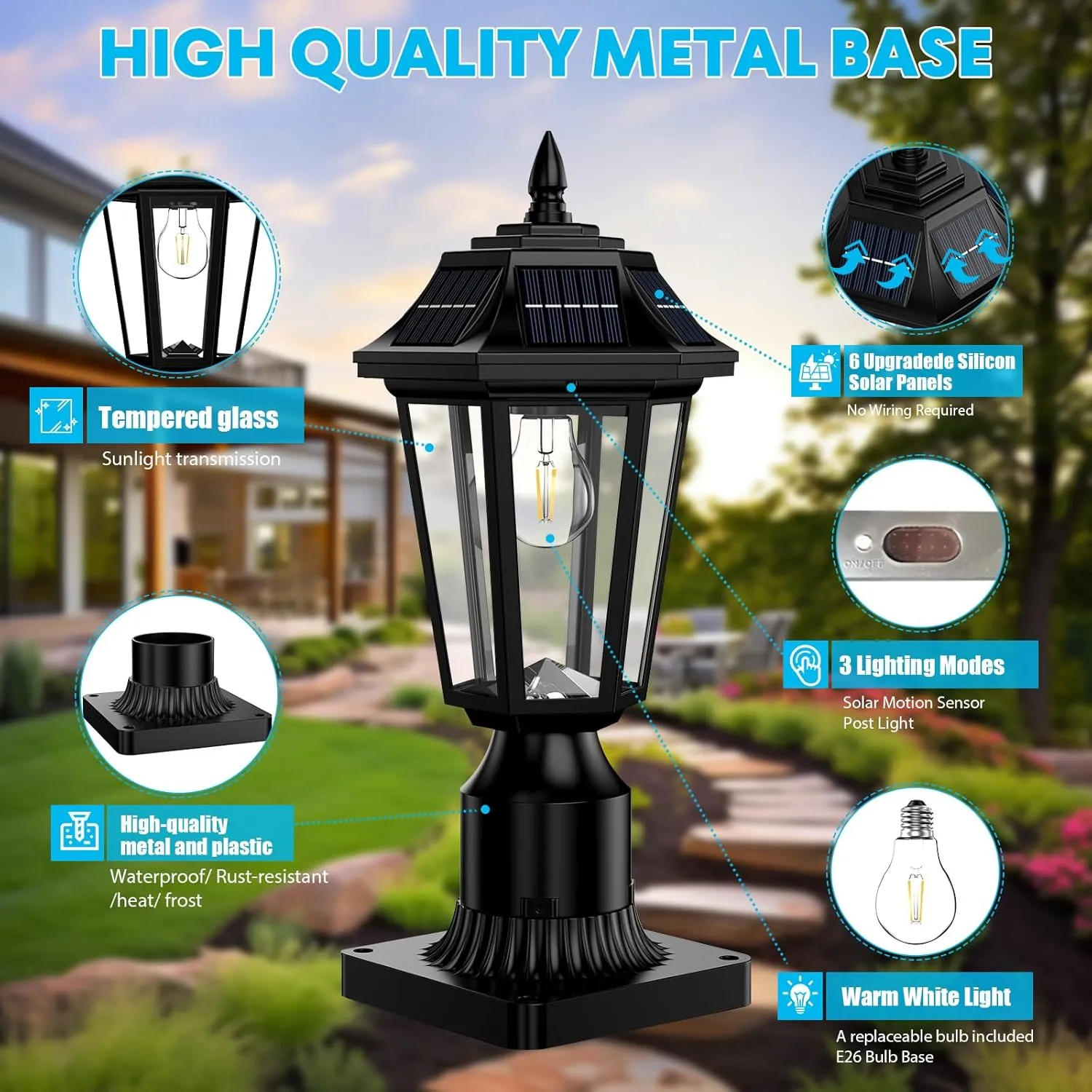 Solar Post Lights with Mount Base, Outdoor Solar Lamp Post Lights Waterproof - 3 Modes (6000K Cool White) with Motion Sensor, Wireless Solar Powered Lighting for Fence, Pole, Garden