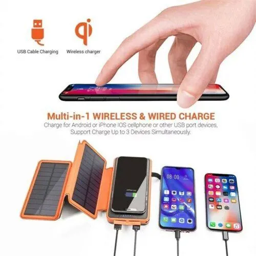 Solar Power Bank Waterproof wireless 30000mAh QI fastest charger 2 USB port with 3 and 5  pannels