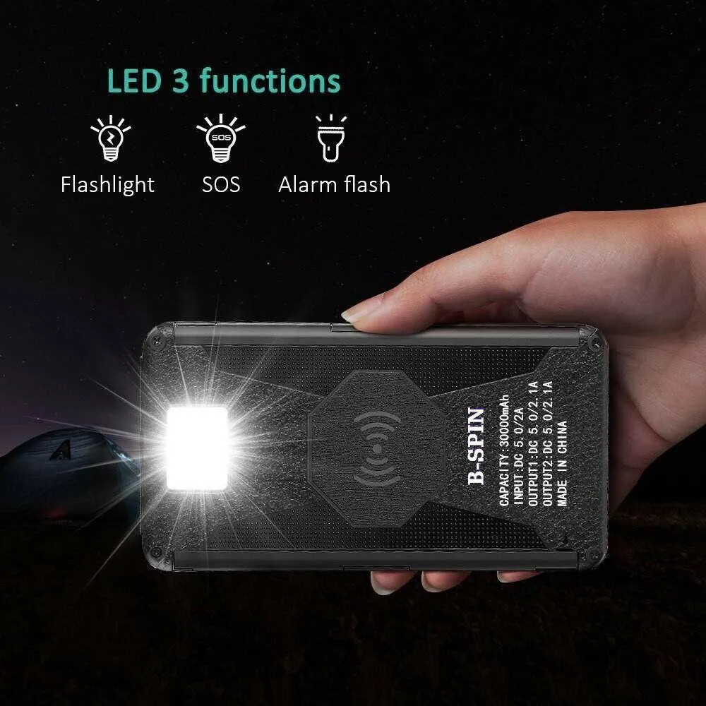 Solar Power Bank Waterproof wireless 30000mAh QI fastest charger 2 USB port with 3 and 5  pannels