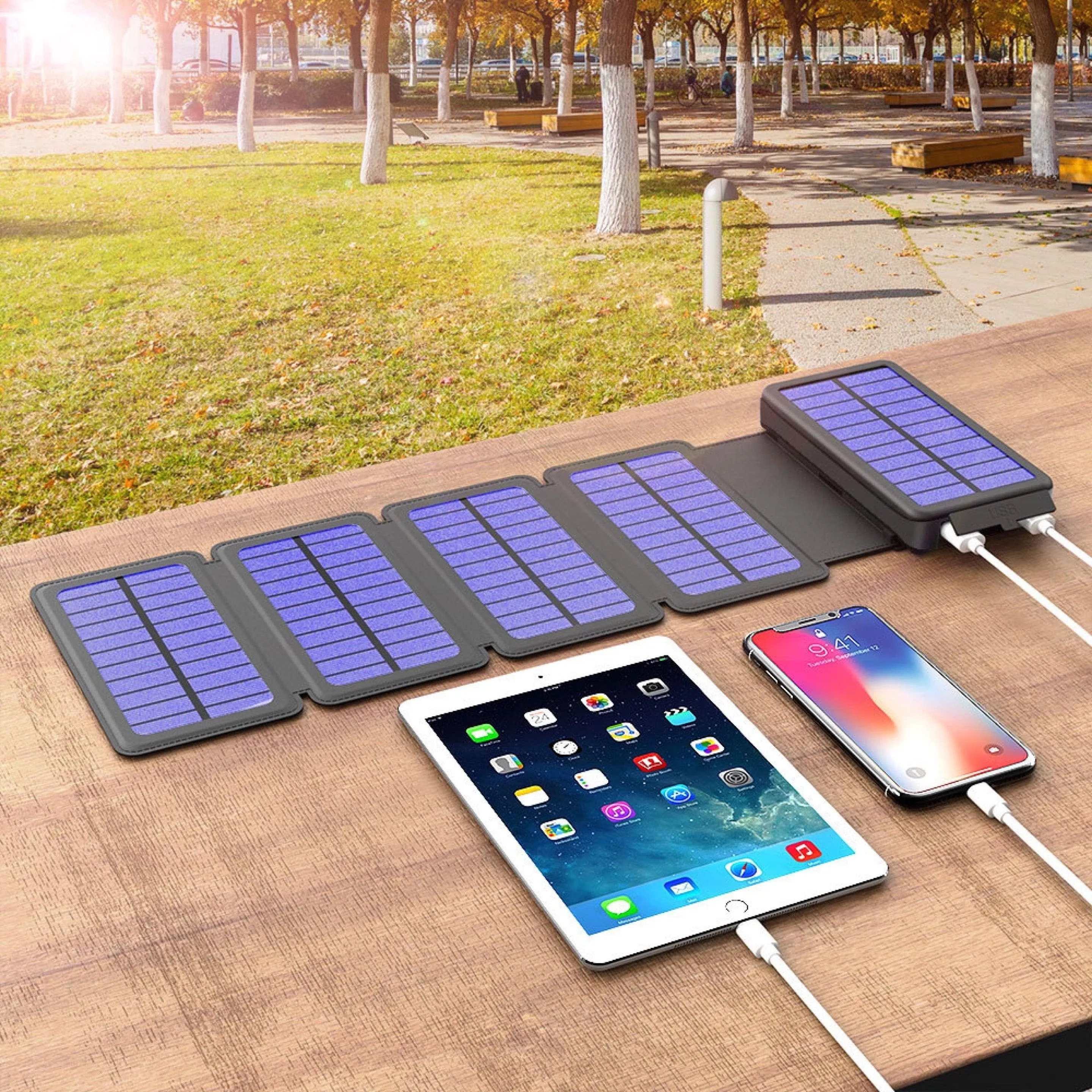 Solar Power Bank Waterproof wireless 30000mAh QI fastest charger 2 USB port with 3 and 5  pannels