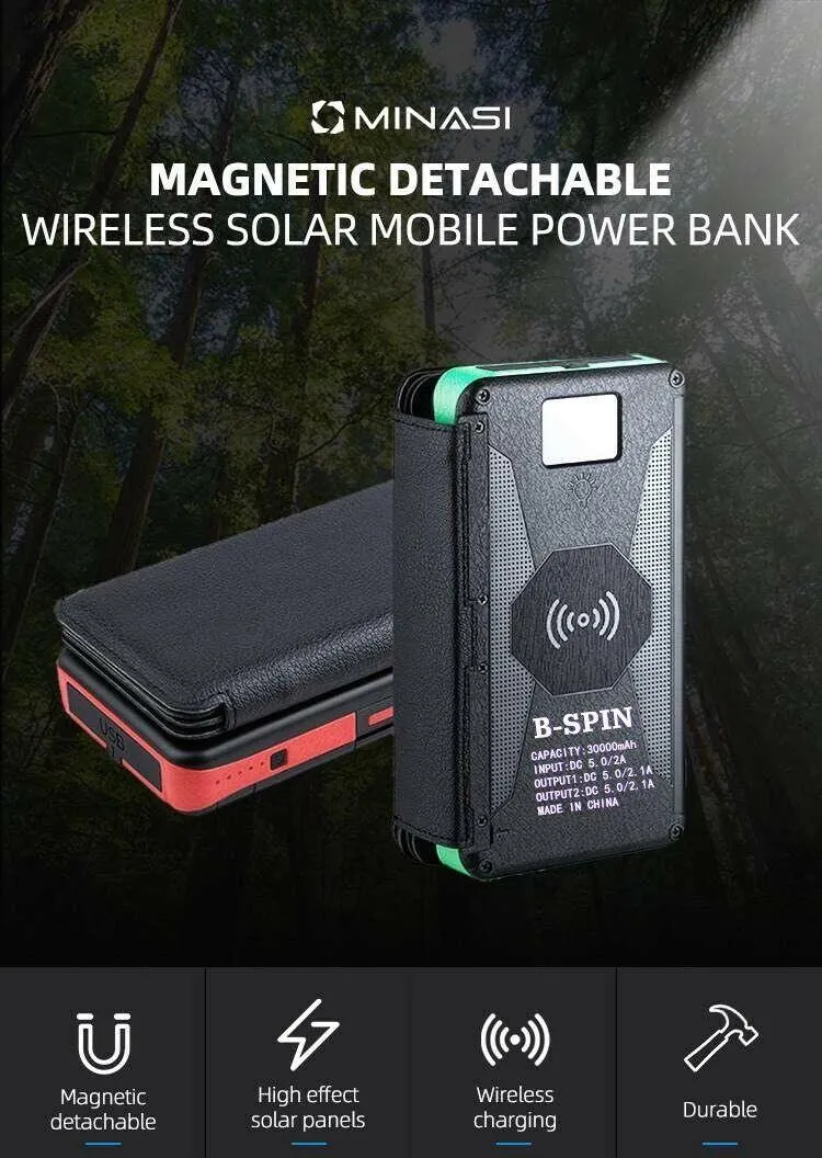 Solar Power Bank Waterproof wireless 30000mAh QI fastest charger 2 USB port with 3 and 5  pannels