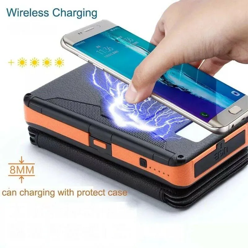 Solar Power Bank Waterproof wireless 30000mAh QI fastest charger 2 USB port with 3 and 5  pannels