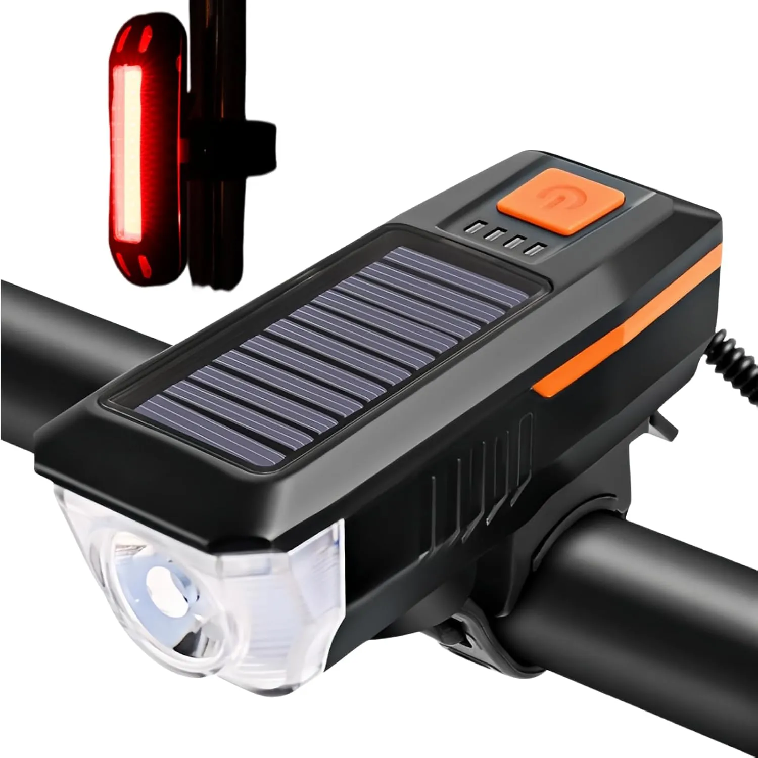 Solar Powered Bike Light, 3 Modes LED Headlight & Waterproof Bell, USB Rechargeable, Perfect for Road and Mountain Bikes