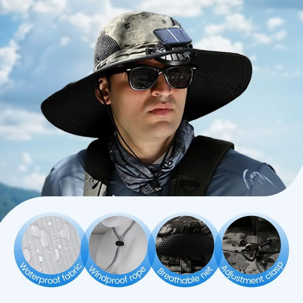 Solar Powered Cooling Hat - UPF 50  Wide Brim Sun Hat with Built-in Fans for Fishing, Hiking & Outdoor Activities