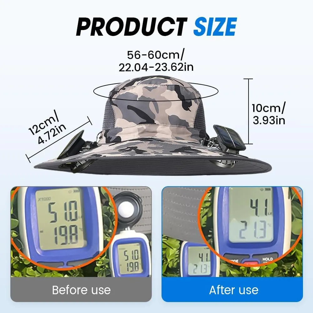 Solar Powered Cooling Hat - UPF 50  Wide Brim Sun Hat with Built-in Fans for Fishing, Hiking & Outdoor Activities