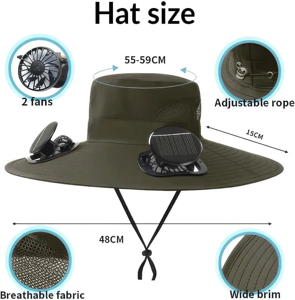 Solar Powered Fan Hat for Men Women Wide Brim Hat with 2 Fans UPF 50  Outdoor Fishing Beach Sun Hat