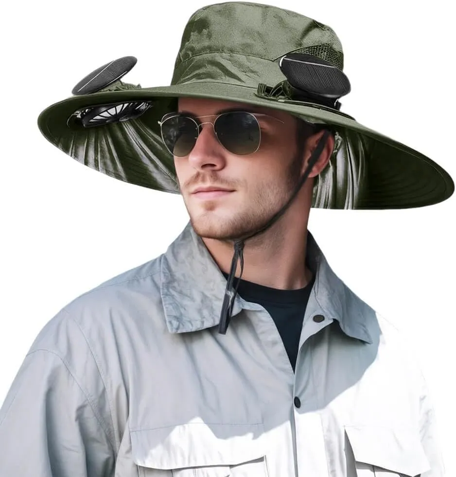 Solar Powered Fan Hat for Men Women Wide Brim Hat with 2 Fans UPF 50  Outdoor Fishing Beach Sun Hat