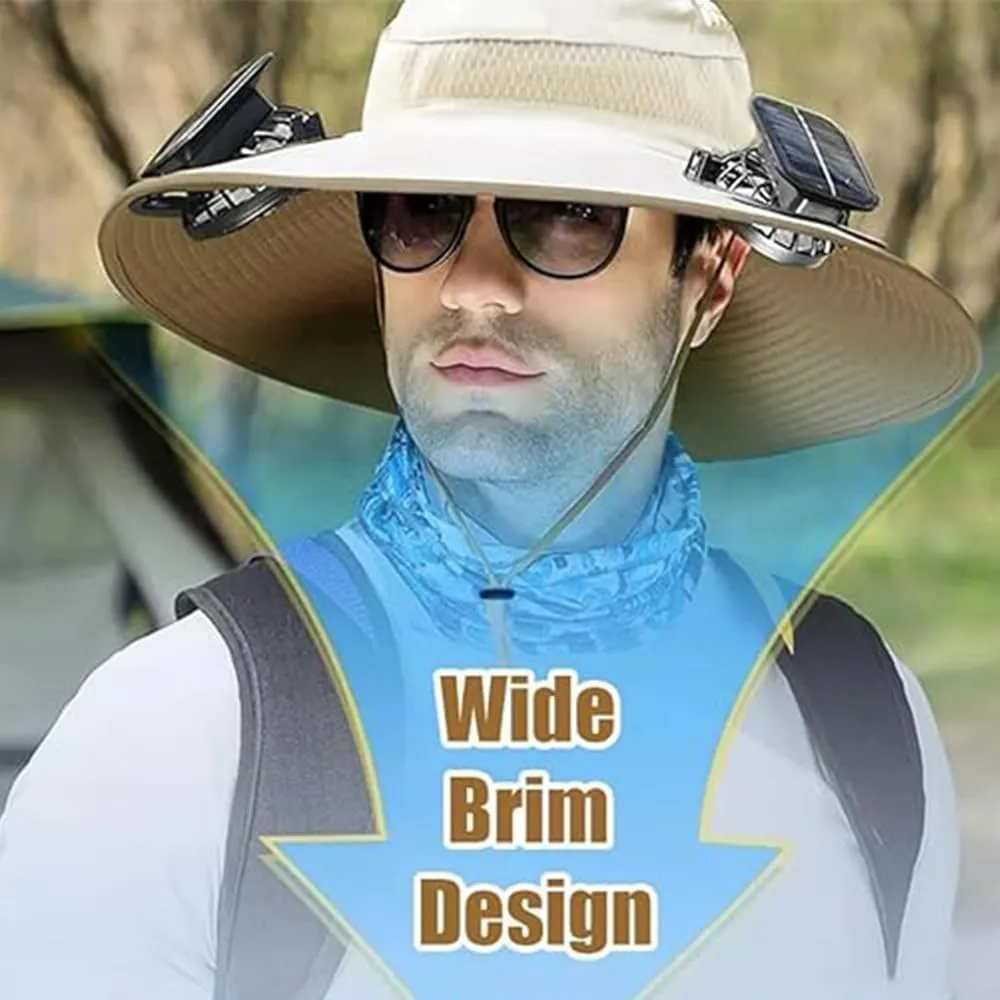 Solar Powered Fan Hat, Outdoor Wide Brim Sun Hat with USB Charging Includes 2 Solar 3 Speed Adjustable Fans