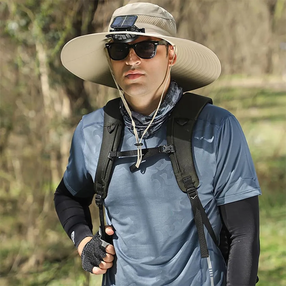 Solar Powered Fan Hat, Outdoor Wide Brim Sun Hat with USB Charging Includes 2 Solar 3 Speed Adjustable Fans