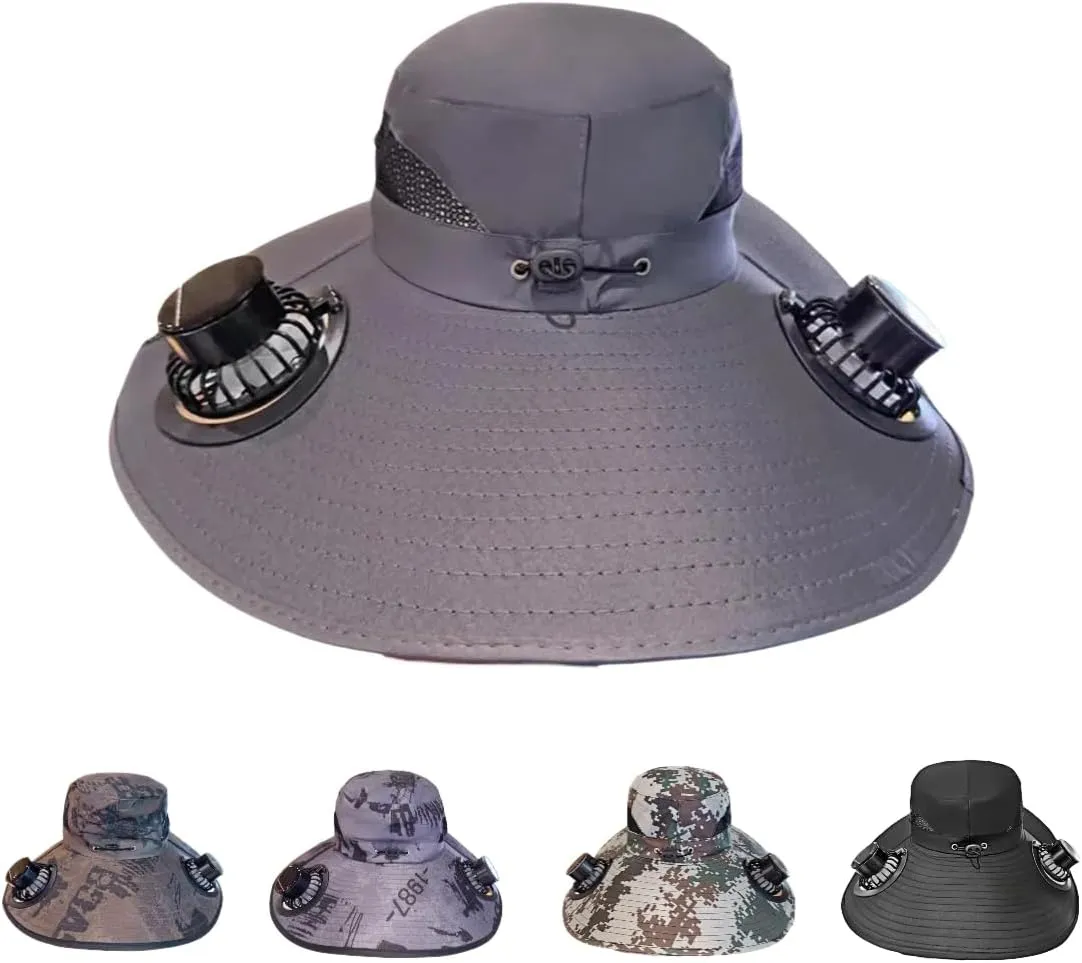 Solar Powered Fan Hat – Wide Brim Fisherman Hat with 2 Adjustable Solar Fan,Outdoor Sun Protection Cap.USB Charging