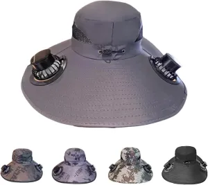 Solar Powered Fan Hat – Wide Brim Fisherman Hat with 2 Adjustable Solar Fan,Outdoor Sun Protection Cap.USB Charging