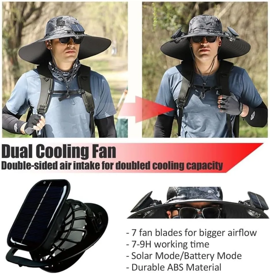 Solar Powered Fan Hat, Wide Brim Fishing Hat, USB Charging, Solar Powered with 2 Solar Fan Built