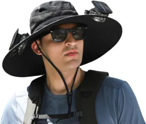 Solar Powered Fan Hat, Wide Brim Fishing Hat, USB Charging, Solar Powered with 2 Solar Fan Built