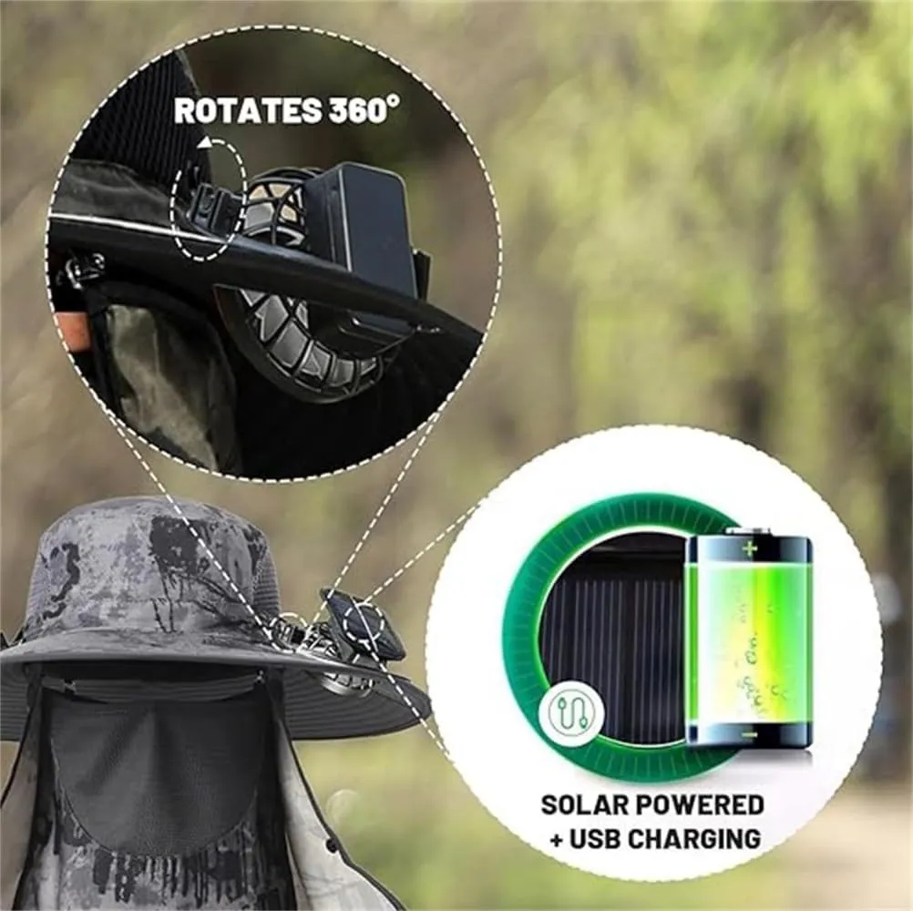 Solar Powered Fan Hat, Wide Brim Fishing Hat, USB Charging, Solar Powered with 2 Solar Fan Built