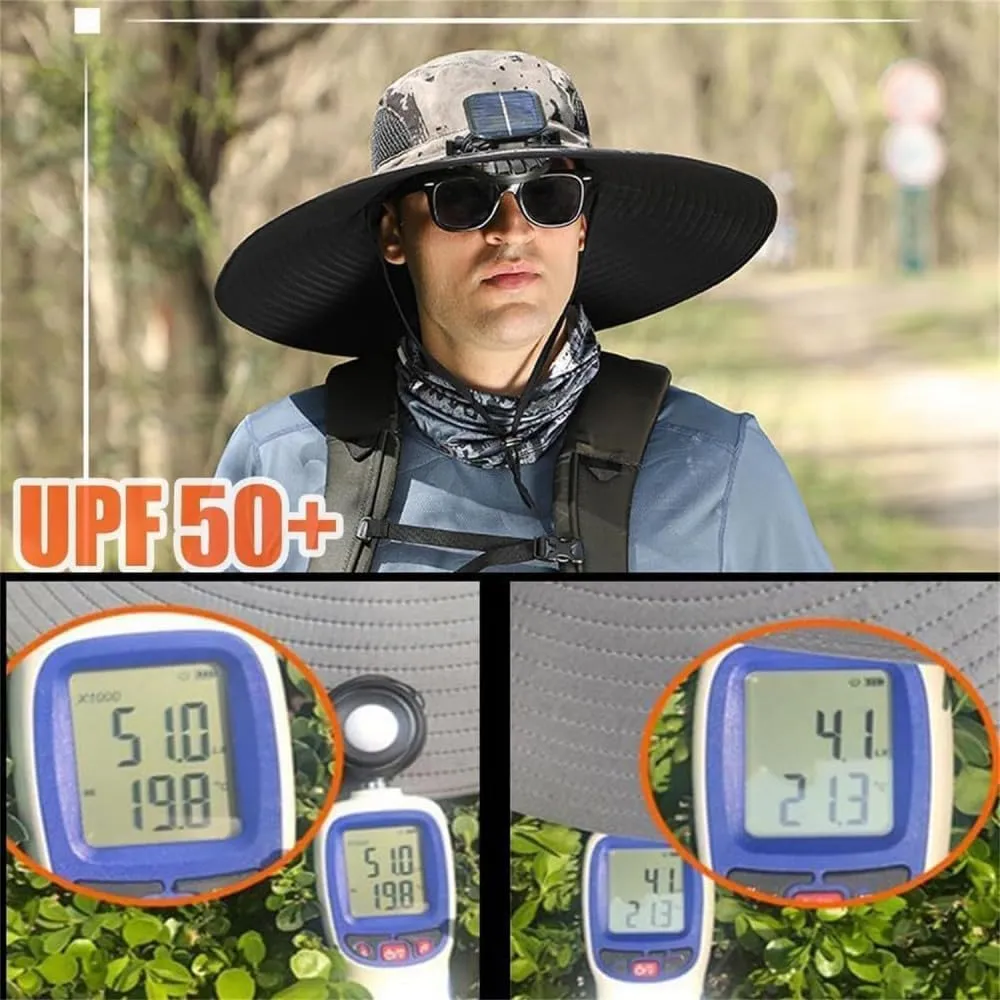 Solar Powered Fan Hat, Wide Brim Fishing Hat, USB Charging, Solar Powered with 2 Solar Fan Built