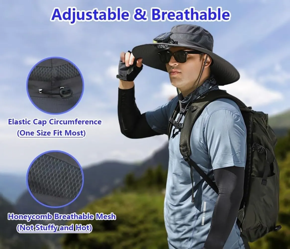 Solar Powered Fan Hat, Wide Brim Sun Protection Cap with Dual Charging, USB and Solar