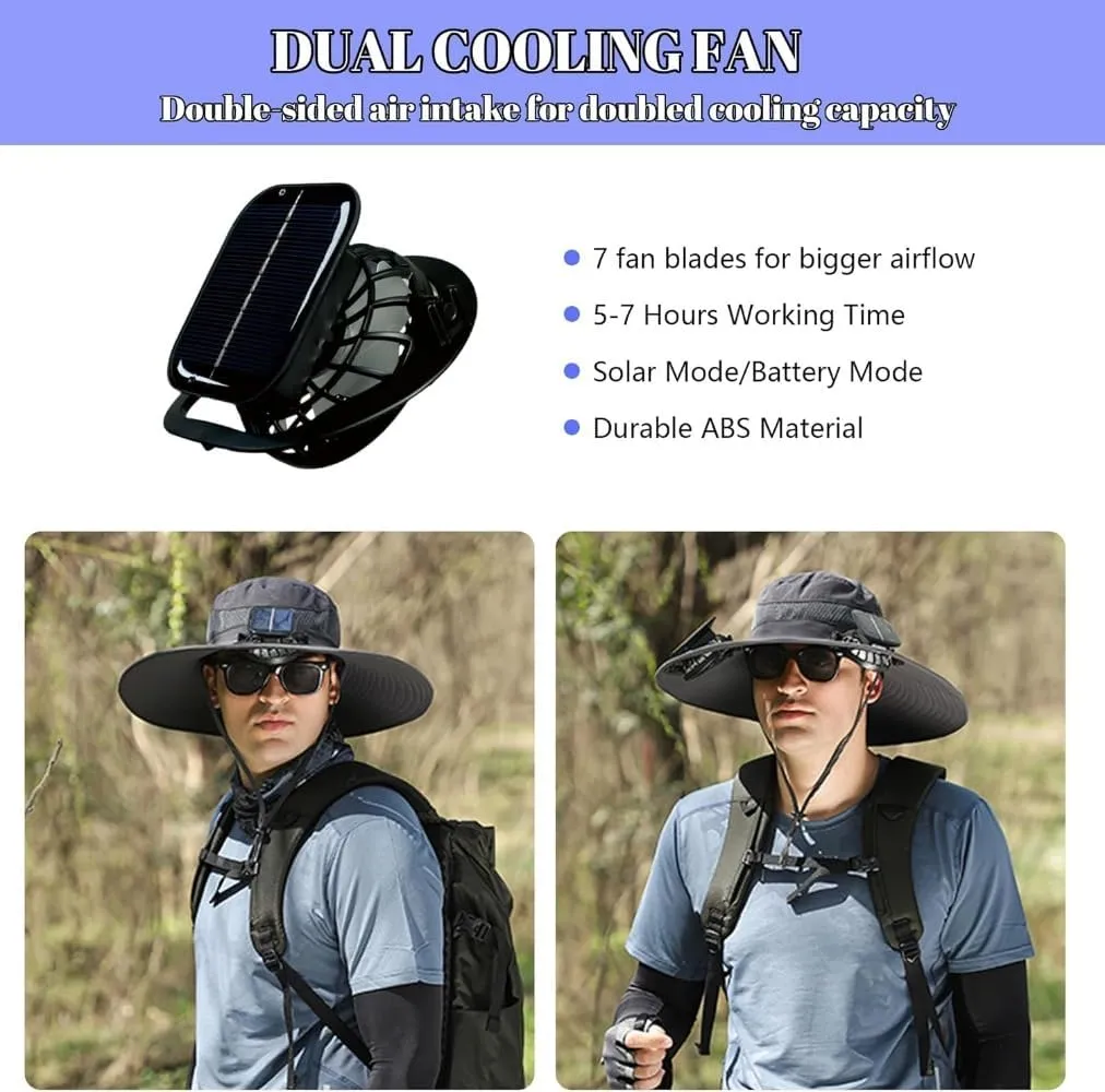 Solar Powered Fan Hat, Wide Brim Sun Protection Cap with Dual Charging, USB and Solar