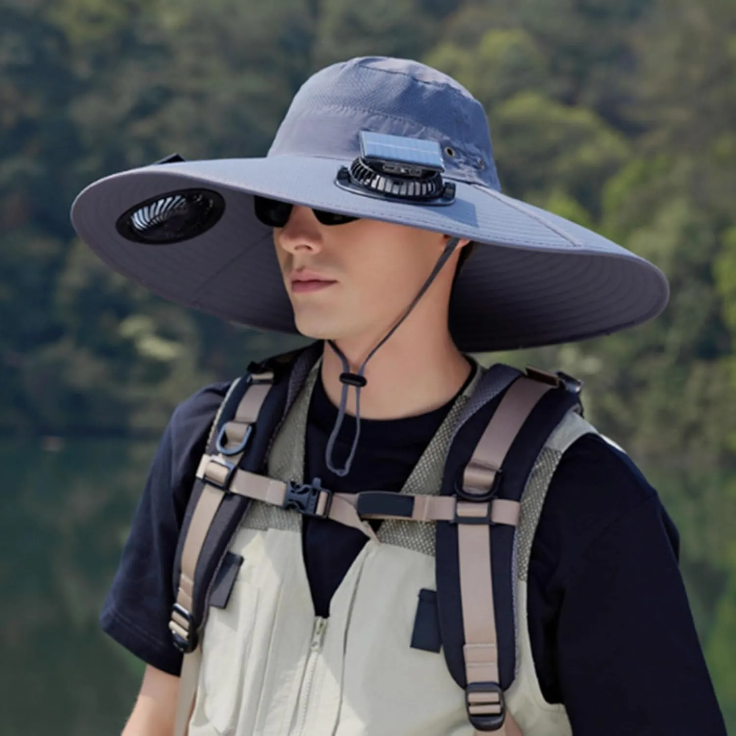Solar Powered Fan Hat with 2 Removable Fans, Wide Brim Sun Hat for Outdoor Fishing Hiking Gardening