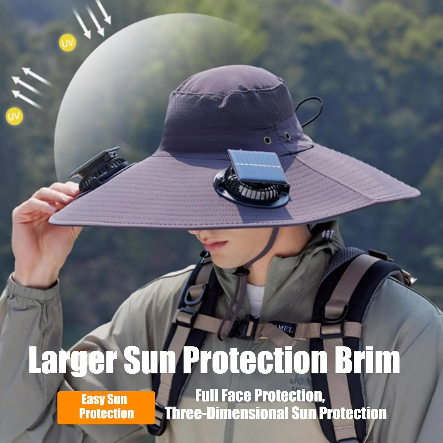 Solar Powered Fan Hat with 2 Removable Fans, Wide Brim Sun Hat for Outdoor Fishing Hiking Gardening