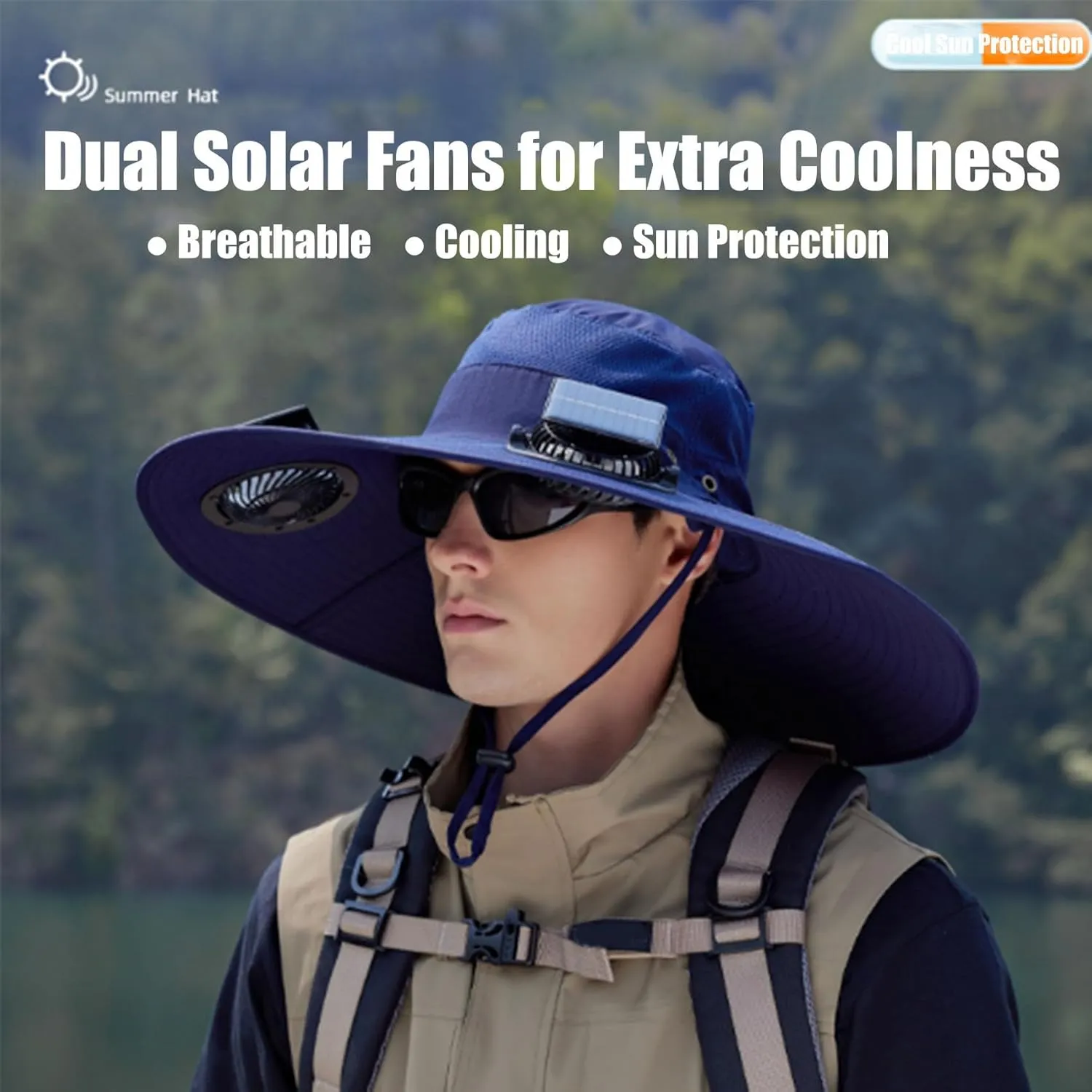 Solar Powered Fan Hat with 2 Removable Fans, Wide Brim Sun Hat for Outdoor Fishing Hiking Gardening