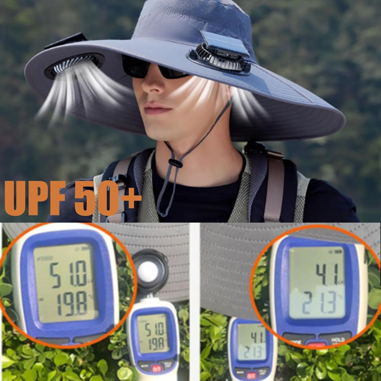 Solar Powered Fan Hat with 2 Removable Fans, Wide Brim Sun Hat for Outdoor Fishing Hiking Gardening